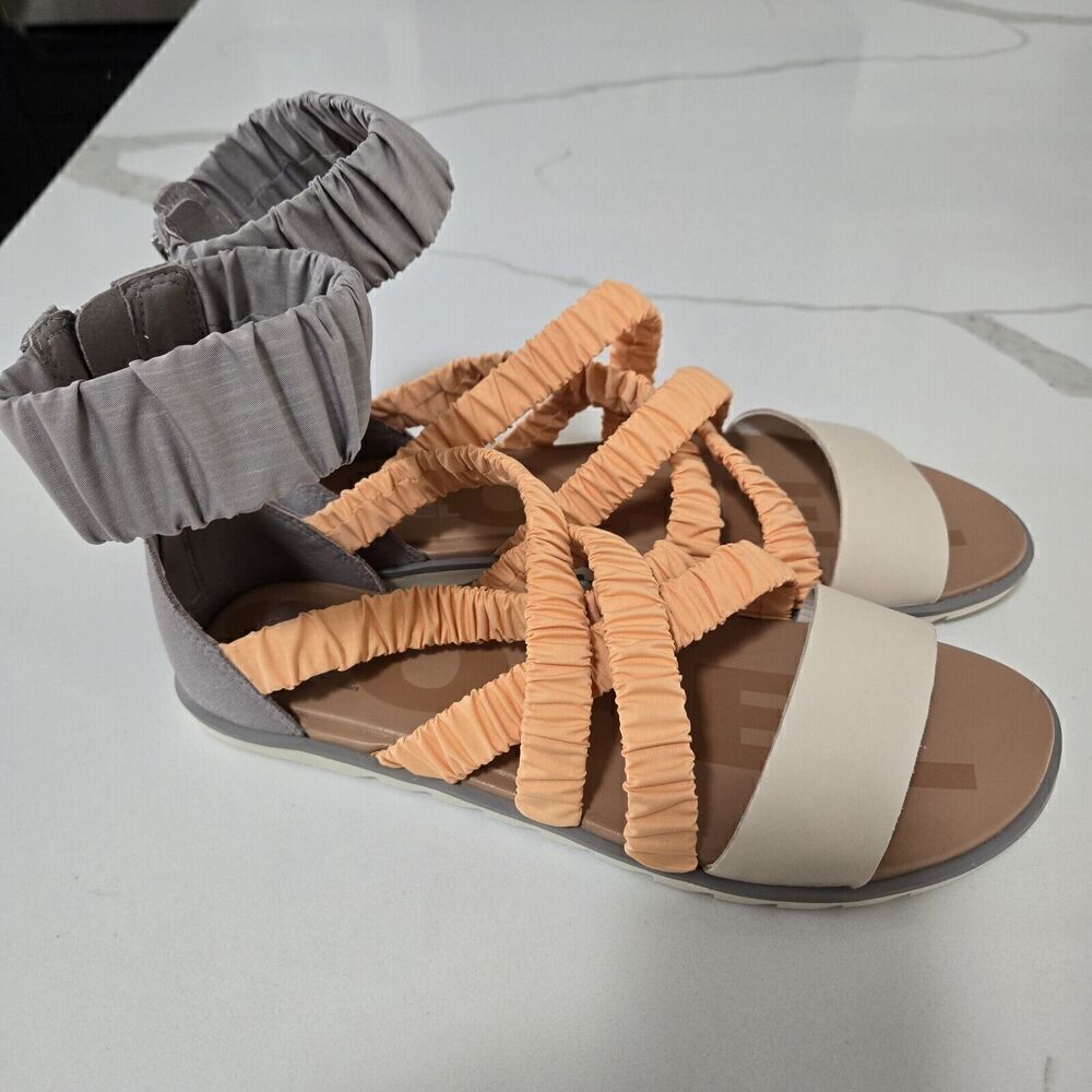Sorel Ella II Ankle Strap Sandals Women’s Size 9.5 Ruched Peach Gray New
